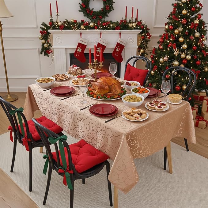 Romanvicky Christmas Jacquard Tablecloth Gold Floral Pattern Rectangle Table Cloth Spill Proof Wrinkle Resistant Polyester Table Cover for Party, Holiday, Thanksgiving Decoration, 60 x 102 Inch