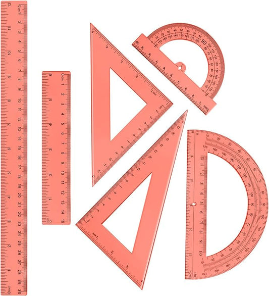 Tenare 6 Pcs Plastic Ruler Math Set Includes 12 Inch 6 Inch Straight Protractor Triangle Geometry Transparent Math Ruler Measuring Tools for School Office Home (Orange)