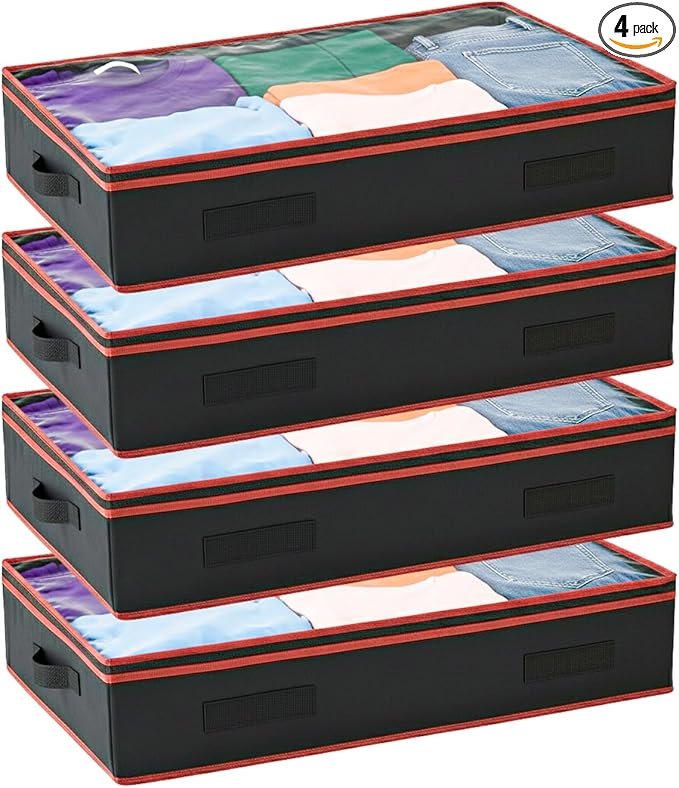 6 Inches Under Bed Storage Containers with Clear Lids | Pack of 4 Underbed Shoe Storage Foldable Clothes Organizer Bins for Blankets, Pillows, Sturdy Handles, Dustproof, & Seasonal Items