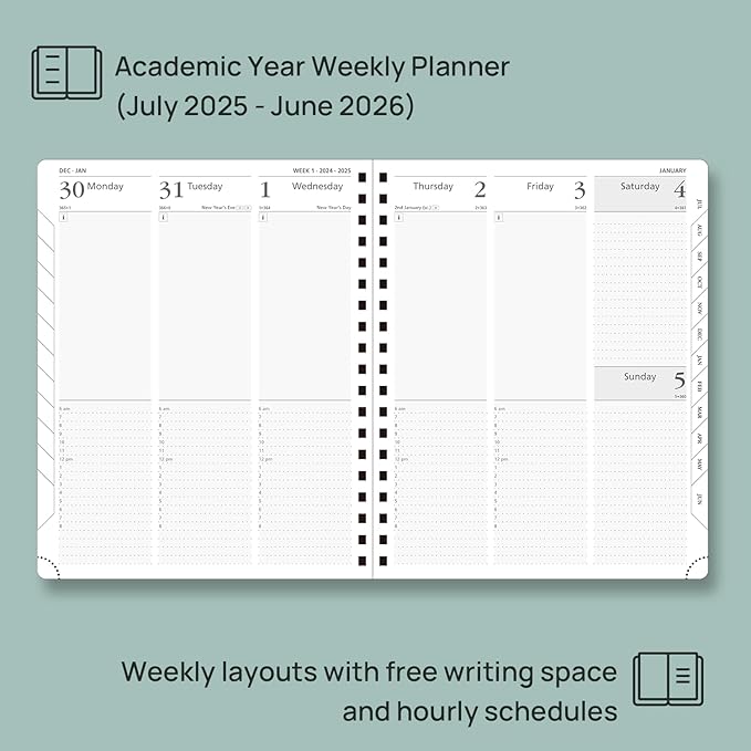POPRUN Academic Planner 2025-2026 (July 2025-June 2026), Daily Weekly and Monthly Appointment Book (Wirebound Hard Cover - 10'' x 8'') with Hourly Time Slots, Tabs, 100 GSM - Midnight Green
