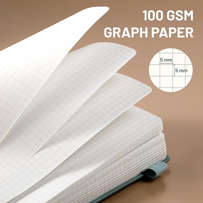 CAGIE Graph Paper Notebook- 320 Pages 100 GSM Graphing Grid Journal A5 Hardcover Leather Quad Ruled Notebooks for Engineering, Math, Work, Green