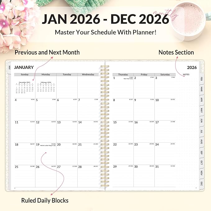 SUNEE Planner 2026 Weekly and Monthly, January 2026-December 2026, 8.5"x11", Tabs, Note Pages,Spiral Binding, Watercolor Flowers