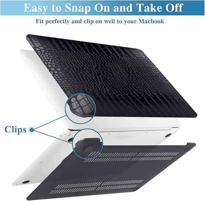KEROM Compatible with MacBook Air 13 inch Case 2025-2022 M4 M3 M2 A3240 A3113 A2681, Textured Elegant Luxury Crocodile Skin Aligator Skin Snakeskin PU Leather Hard Shell Case & Keyboard Cover, Black
