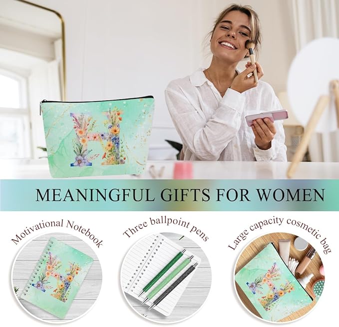 Personalized Gifts Monogrammed Birthday Gifts for Women, Bridesmaid Bachelorette Party Christmas Initial 20 oz Tumbler, Makeup Bag Cup Ballpoint Pens Journal Notebook 6 Set, (Aesthetic Green Flower H)