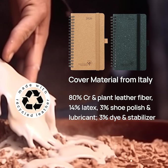 POPRUN 2026 Recycled Weekly Planner 12 Months Pocket Size (3.5'' x 6.5'') - Spiral Calendar Weekly and Monthly for Purse, with Italian Regenrated Leather, Pen Holder - Desert Brown