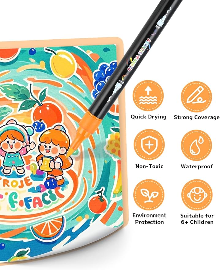 60 Colors Acrylic Paint Markers, Dual Tip Acrylic Paint Pens with Brush and Fine Tips for Kids, Adults, Wood, Canvas, Stone, Rock Painting, Glass, Ceramic Surfaces, DIY Crafts Making