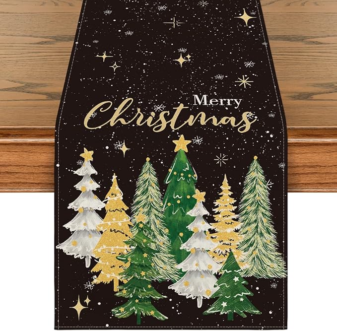Artoid Mode Xmas Trees Black Merry Christmas Table Runner, Seasonal Winter Kitchen Dining Table Decoration for Home Party Decor 13x60 Inch
