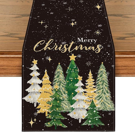 Artoid Mode Xmas Trees Black Merry Christmas Table Runner, Seasonal Winter Kitchen Dining Table Decoration for Home Party Decor 13x48 Inch