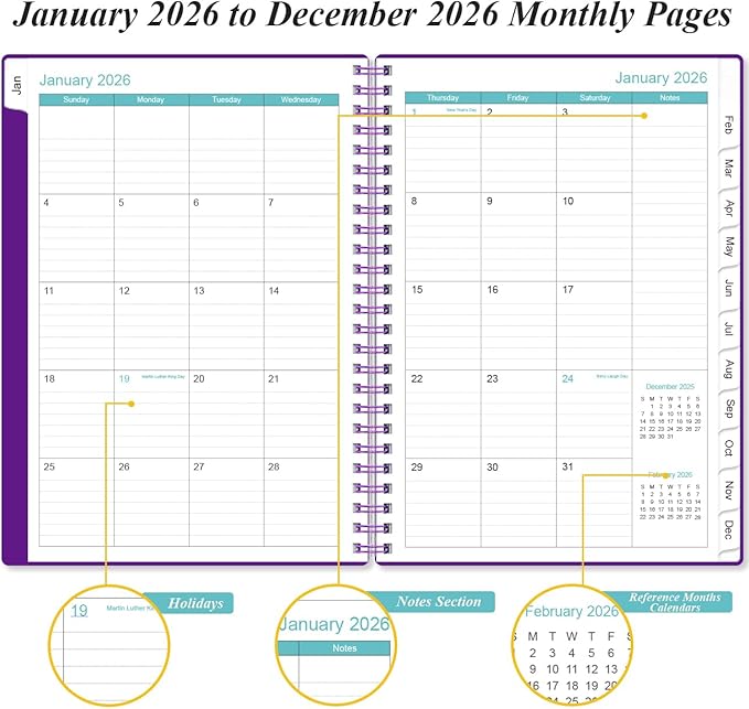 2026 Planner - Weekly and Monthly Calendar Planner from Jan 2026 - Dec 2026, Planner 2026 Spiral Bound with 12 Monthly Tabs, Inner Pocket, Perfect for School Office Supplies, 6.4" x 8.5", Purple-C