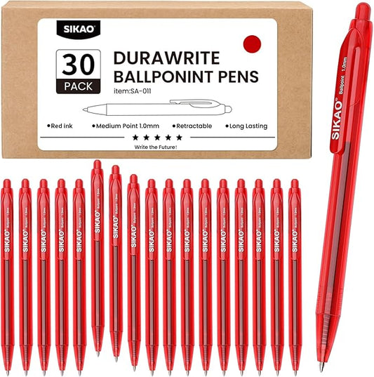 Red Pens Bluk | 30 Pack Durawrite Retractable Ballpoint Smooth Writing | Ball Point Click Pens Red Ink 1.0mm with Clear & Vivid Lines for Servers School Office Supplies, Lapiceros