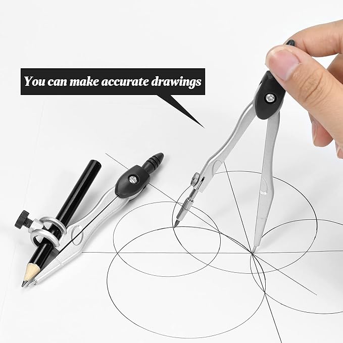 Math Geometry Kit Sets 10 Piece Student Supplies with Shatterproof Storage Box,Includes Rulers,Protractor,Compass,Eraser,Pencil Sharpener,Lead Refills,Pencil,for Drafting and Drawings（Black）