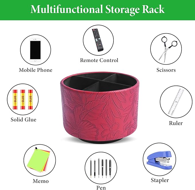 Hennaja Round Leather Art Supply Organizer,Remote Control Holder,360 Degree Spinning,Multi-Functional Pencil Holder,4 Compartments Desktop Stationary Organizer(1-Carved Red)