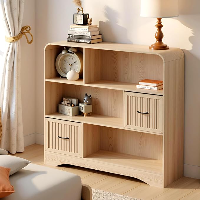 6 Cube Storage Organizer, 48" Wide Cube Storage Organizer w/Adjustable 2 Bins Storage, Modern Wooden Bookshelves and Bookcase w/Drawers, Large Bookshelf w/Open Display Shelves for Living Room, Oak