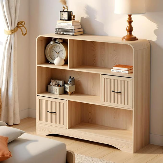 6 Cube Storage Organizer, 48" Wide Cube Storage Organizer w/Adjustable 2 Bins Storage, Modern Wooden Bookshelves and Bookcase w/Drawers, Large Bookshelf w/Open Display Shelves for Living Room, Oak