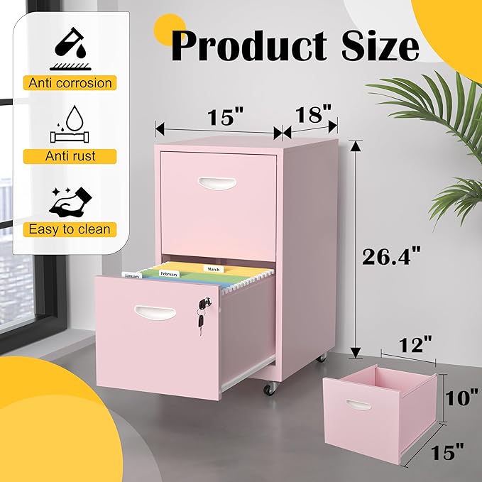 2 Drawer File Cabinet with Lock，Pink Rolling File Cabinet for Home Office, Metal Small Mobile Filing Cabinets on Wheels for Hanging Letter