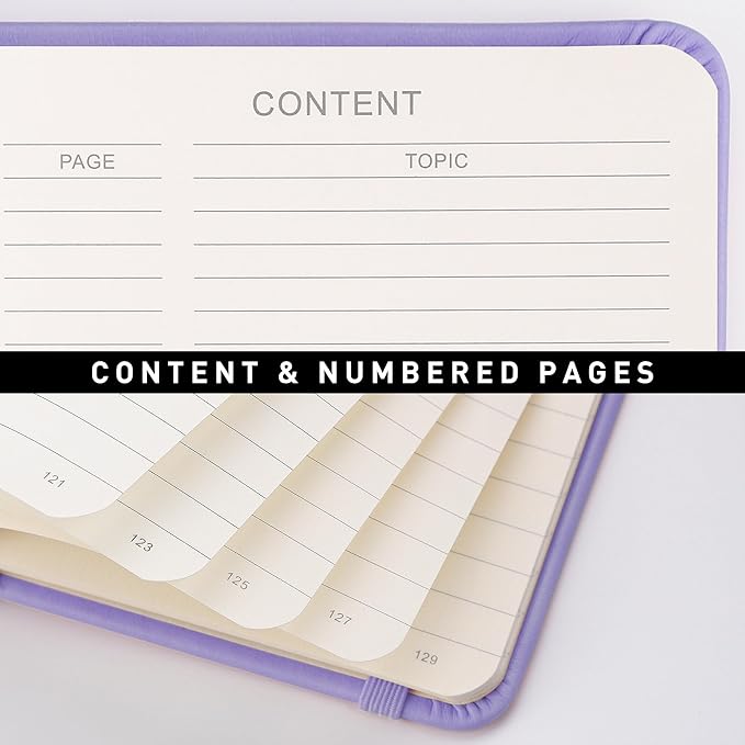 RETTACY Lined Journal Notebook, 192 Numbered Pages, A5 Medium Size (5.7'' x 8.3''), for Men & Women, Journaling, Writing, Work & Office, Leather Hardcover, 100 GSM Thick Paper (Purple)