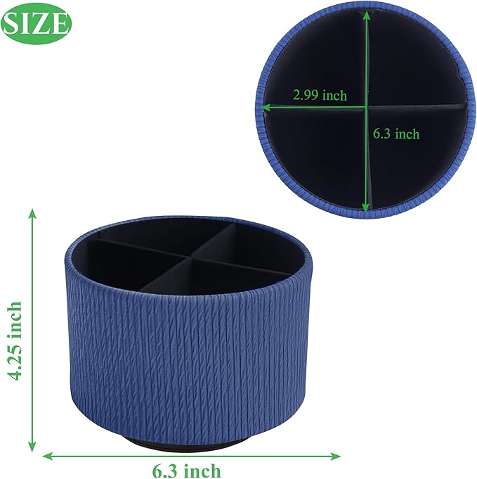 Hennaja Round Leather Art Supply Organizer,Remote Control Holder,360 Degree Spinning,Multi-Functional Pencil Holder,4 Compartments Desktop Stationary Organizer(1-Vertical Wood Blue)