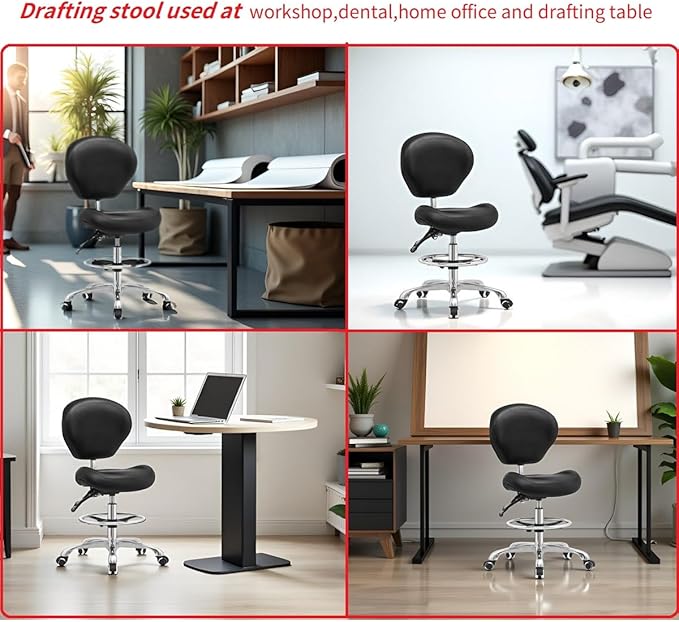 Kaleurrier Adjustable Stool Drafting Chairs: Tall Office Chair for Standing Desk with Backrest & Foot Rest - Ergonomic Drafting Stools with Rolling Wheels for Shop Studio Dental Salon Home(Black)