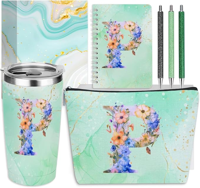 Personalized Gifts Monogrammed Birthday Gifts for Women, Mommy, Female Going Away Christmas, Initial 20 oz Tumbler, Makeup Cosmetic Bag Cup Pens Journal Notebook 6 Set, (Aesthetic Green Flower P)