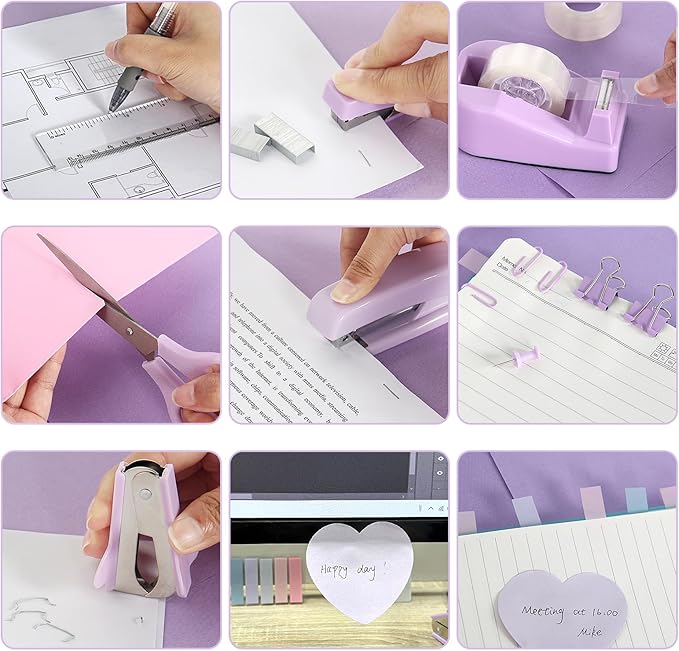 Office Supplies Set, Purple Stapler and Tape Dispenser Set with Staple Remover, Stapler and Staples Set with 1000 Staples, Clips, Tape, Scissor and Tabs, Desk Accessories for Women Student