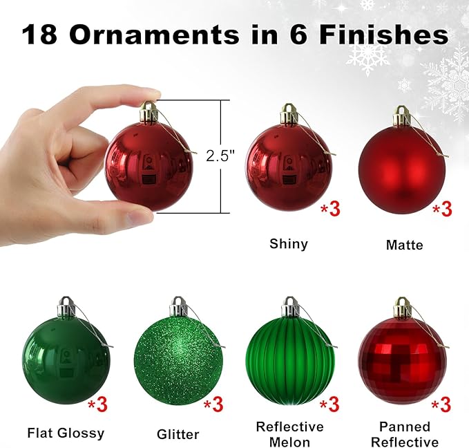 Red & Green 2.5" Christmas Balls Christmas Tree Decoration Ornaments Shatterproof Hanging Balls for Birthday Halloween Holiday Wedding Decorations Set of 18pcs
