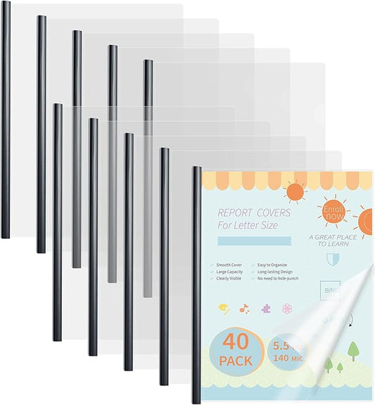 Binditek 40 Pack Clear Report Covers with Black Sliding Bars, 70 Sheet Capacity, 9mm Binding Bars, Letter Size, 5.5 Mil Thick, Black, for Students and Coworkers