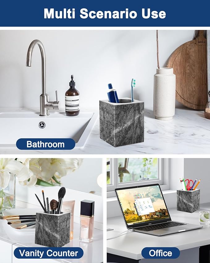 Marble Pencil Pen Holder for Desk, Multi-Functional Pen Cup Pencil Holder for Office School Supplies Storage, Makeup Brush Holder for Home and Office (Cuboid-Black)