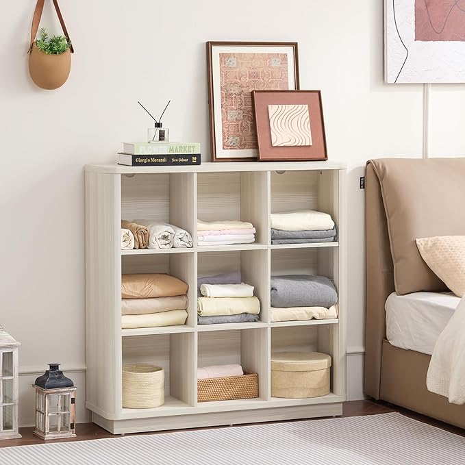 9 Cube Storage Book Shelf, 41" Tall Organizer Bookcase with Curved Edge, Wood Floor Standing 3-Tier Cubby Bookshelf with Base, Vintage Display Book Case for Bedroom, Office, White Cream Oak