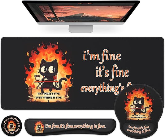 HAOCOO Memory Foam Ergonomic Keyboard Wrist Rest with Mouse Pad Wrist Support, Stitched Edges Large Gaming Desk Mat with Coaster 4-in-1 Set, Non-Slip Base Desk Protector Mat for Office Supplies