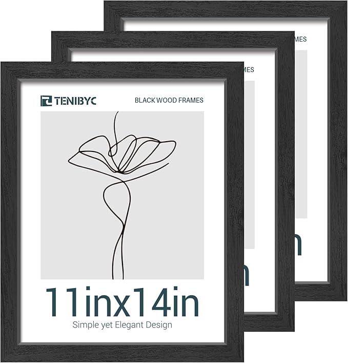 11x14 Picture Frames Set - 3 Pack - Black Solid Wood Poster Frame - Tempered Glass - Exclusive Woodgrain - Rooms, Offices, Gallery, Studio, and Hallway, Wall Display Decor