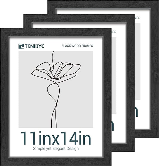 11x14 Picture Frames Set - 3 Pack - Black Solid Wood Poster Frame - Tempered Glass - Exclusive Woodgrain - Rooms, Offices, Gallery, Studio, and Hallway, Wall Display Decor