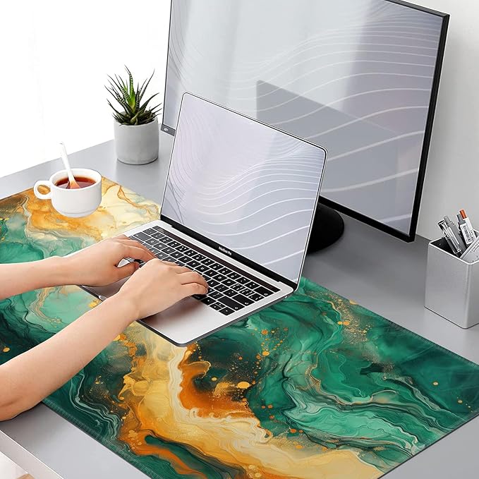 Gaming Mouse Pad, EDGFRTOIO Keyboard Mouse Pad 31.5x15.7 inch XXL Large Computer Laptop Cool Desk Mat with Non-Slip Rubber Base and Stitched Edge for Home Office Work, Green Orange Marble