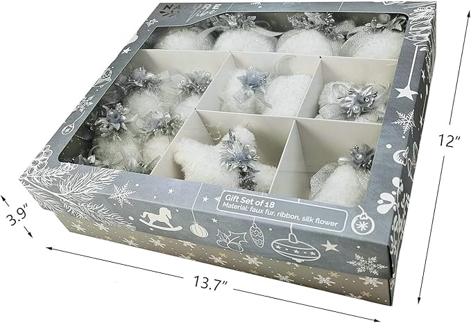 Nature Vibe Set of 18 Faux Fur White Christmas Ornaments in Gift Box,Ornament Balls and Hanging Stars with Silver Accent as Christmas Tree Decorations or Winter Wonderland Decorations