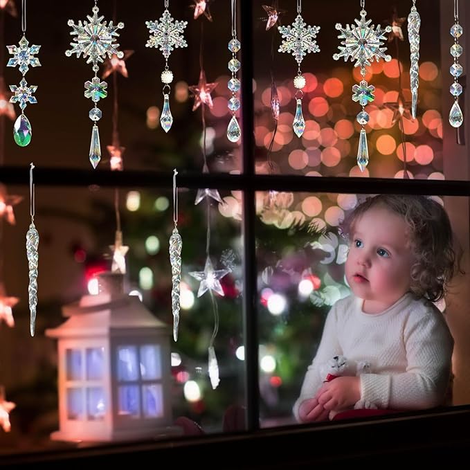 Christmas Tree Decorations Crystal Ornaments - 18pcs Iridescent Christmas Ornaments Acrylic Snowflakes Icicle Drop Crystal Hanging Ornaments for Xmas Tree Winter Holiday Frozen Party Decorations