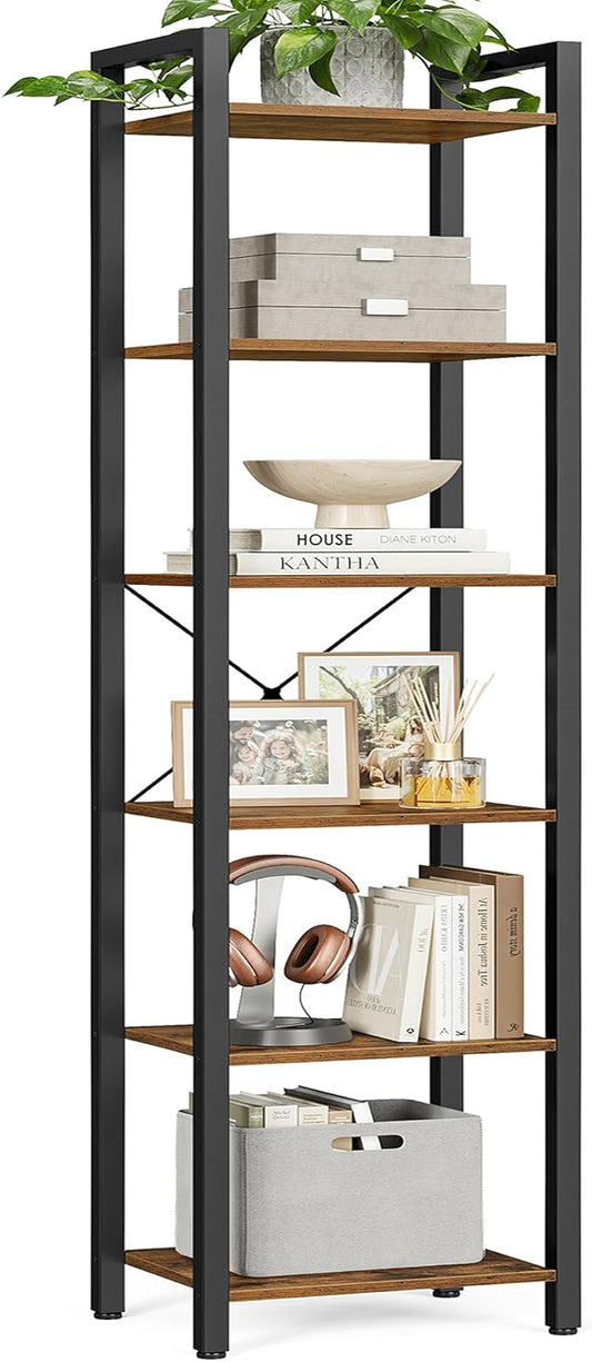 VASAGLE 6-Tier Bookshelf, Bookcase with Steel Frame, Book Shelf for Living Room, Home Office, Study, 11.8 x 15.7 x 73.2 Inches, Industrial Style, Rustic Brown and Ink Black ULLS101B01