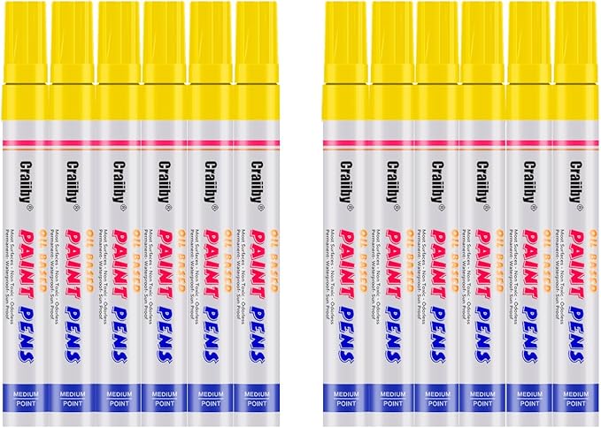 Yellow Paint Markers, 12 Pack Oil-Based Waterproof Quick Dry Permanent Paint Pen Set for Rocks Painting, Wood, Fabric, Plastic, Canvas, Glass, Mugs, Metal, Tire, Stone, DIY Craft