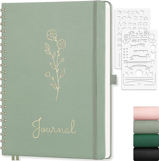 EMSHOI Bullet Dotted Journal - Dot Grid Spiral Notebook 8.5" x 11", A4 Large Dotted Notebook, 100 GSM Thick Paper, PU Leather Hardcover Journals for Bullet Journaling, Sketching, Light Green