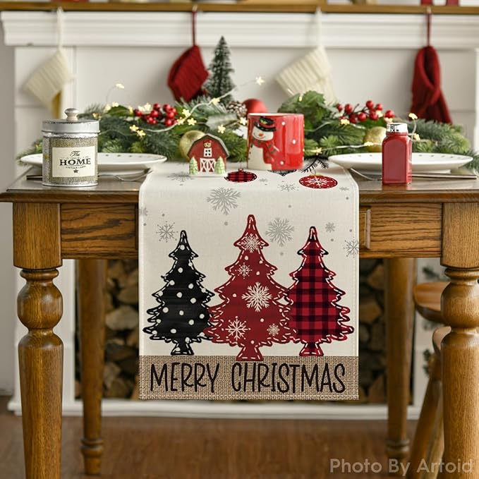 Artoid Mode Red Pine Trees Merry Christmas Table Runner, Winter Xmas Holiday Kitchen Dining Table Decoration for Home Party Decor 13x72 Inch