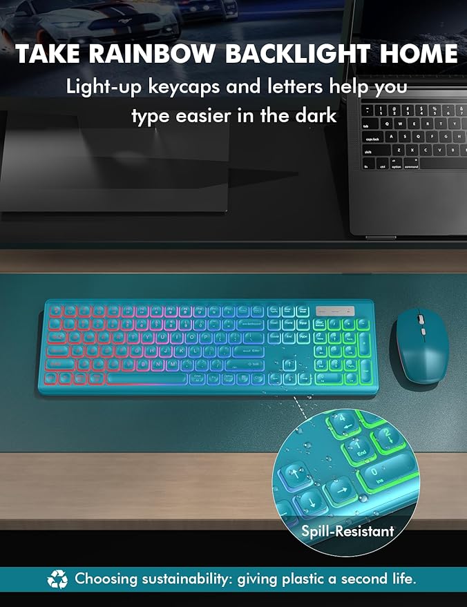 Wireless Keyboard and Mouse Combo - RGB Backlit, Rechargeable & Light Up Letters, Full-Size, Ergonomic Tilt Angle, Sleep Mode, 2.4GHz Quiet Keyboard Mouse for Mac, Windows, Laptop, PC