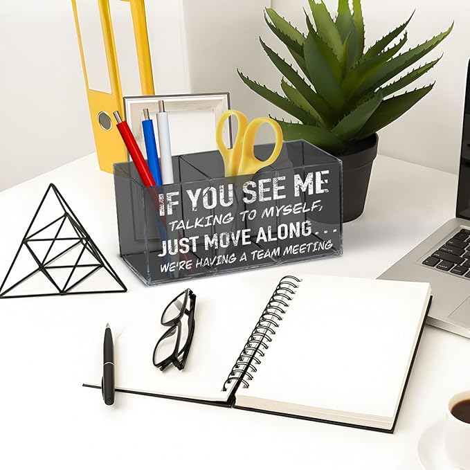 Funny Office Gifts Pencil Holder, Funny Pen Holder for Desk, If You See Me Talking to Myself We're Having a Team Meeting Acrylic Pen Pencil Holder Organizer for Office Desk Accessories