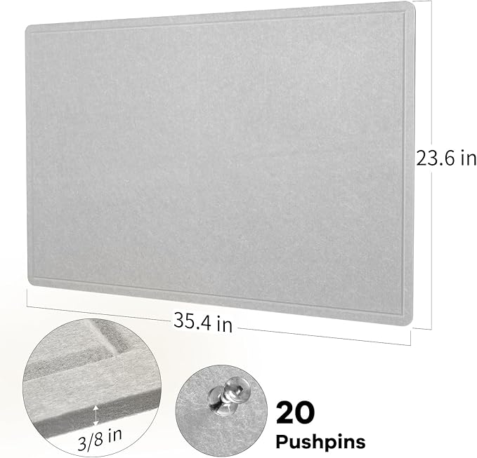 Bulletin Board, 36 x 24 Inches Felt Pin Board, Cork Alternative for Wall, 3' x 2' Foldable Self-Adhesive Vision Board with 20 Pushpins - Light Gray