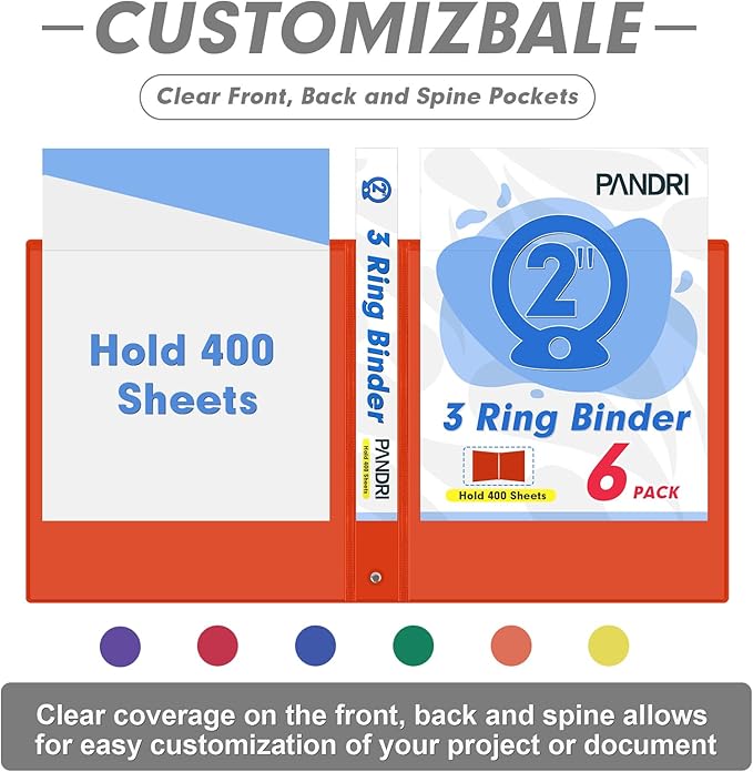 3 Ring Binder 2 Inch, PANDRI 6 Pack 2-Inch Binder Fits Letter Size 8.5'' x 11'' Paper, Versatile Binders for Office Home School, 2 Pockets, Assorted 6 Color
