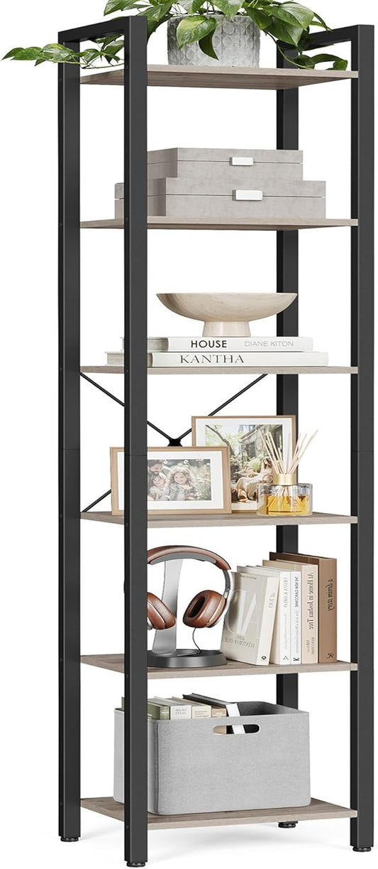 VASAGLE 6-Tier Bookshelf, Bookcase with Steel Frame, Book Shelf for Living Room, Home Office, Study, 11.8 x 15.7 x 73.2 Inches, Industrial Style, Heather Greige and Ink Black ULLS101B02