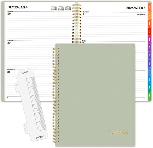 SUNEE 2026 Weekly and Monthly Planner - from January 2026 - December 2026, 8.5"x11" Daily Agenda Planner with Monthly Tab, Flexible Cover, Note Pages, Pockets, Bookmark, Spiral Binding, Sage Green