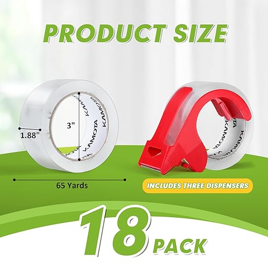 KAMOTA Packing Tape, 18 Rolls Heavy Duty Clear Packaging Tape for Shipping Packaging Moving Sealing, 1.88 inches Wide, 65 Yards Per Roll, Total 1170 Yards with 3 Dispensers