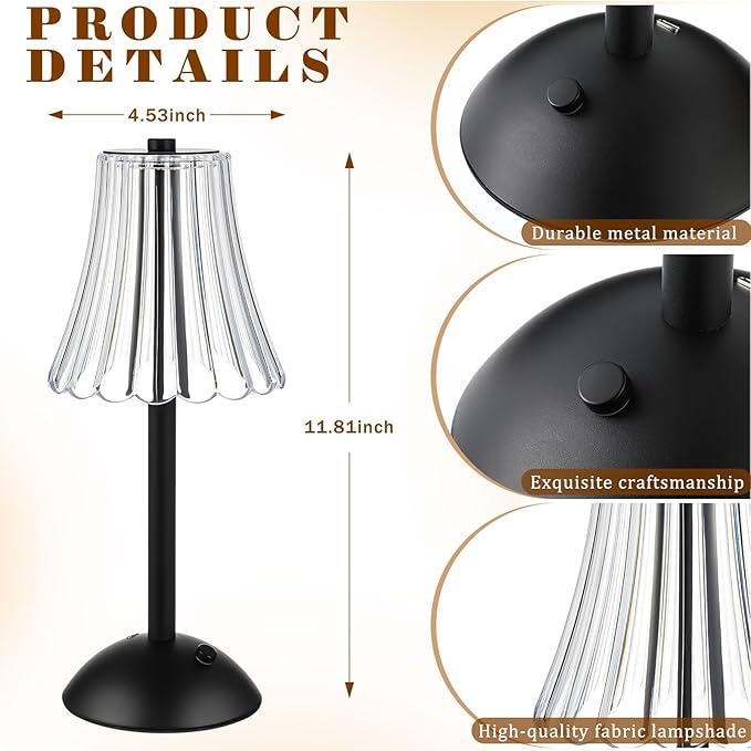 Liliful 2 Pcs LED Portable Cordless Table Lamp Touch Battery Operated Rechargeable Gold Desk Lamp 3 Color Dimmable for Bedroom Living Room Dining (Black,Rose Style)