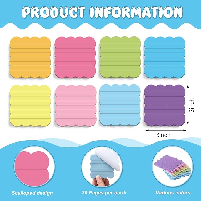 Eaasty 8 Pack Scalloped Sticky Notes Bulk Christmas Cute Self Sticky Note Pads Multi Color Bright Vintage Note Pads or School Office Supplies 240 Sheet(3" X 3",Lined Rainbow Color)