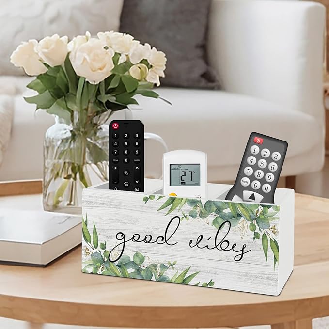 Inspirational Sage Green Eucalyptus Pen Pencil Holder Organizer for Desk Accessories, Good Vibes Positive Wooden Box Sign Desk Decor for Home Office Decoration, Motivational Gifts for Women