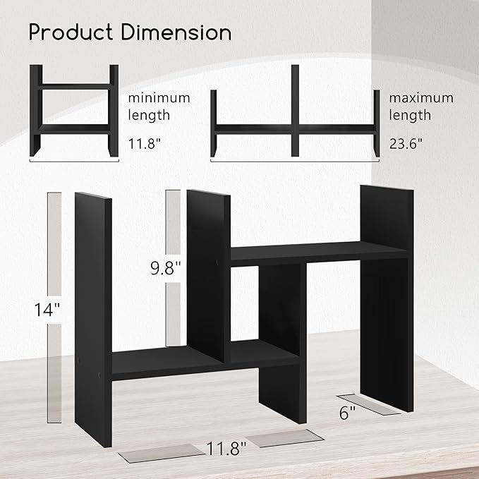 Jerry & Maggie Desktop Organizer Office Storage Rack Adjustable Wood Display Shelf Free Style Double H, Multi-Functional Mini Bookshelf for Desk Natural Stand (Black)
