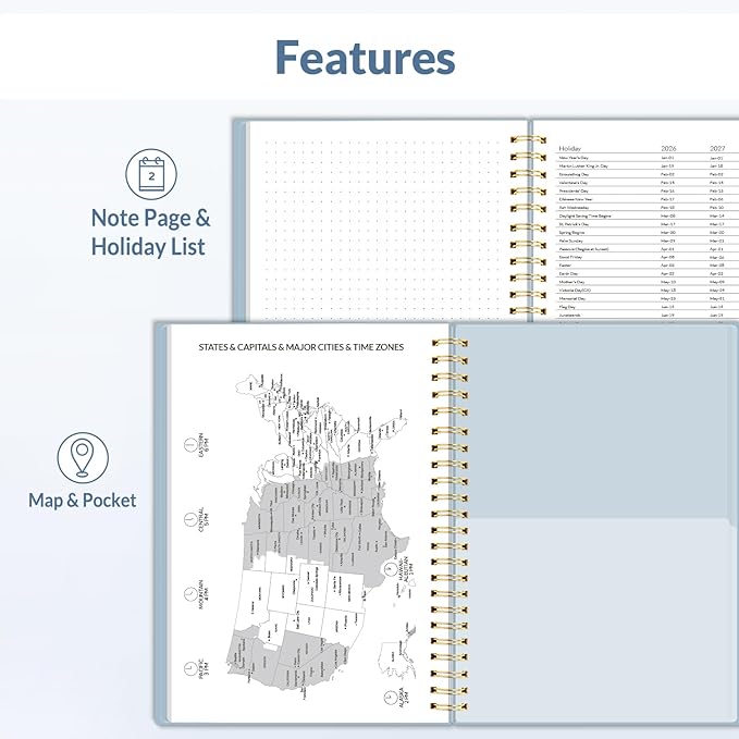 SUNEE 2026 Weekly and Monthly Planner - January 2026-December 2026, 6.4" x 8.3" Half Weekly Half Note, Daily Agenda Planner with PVC Waterproof Cover, Monthly Tab, Note, Pockets, Bookmark, Blue